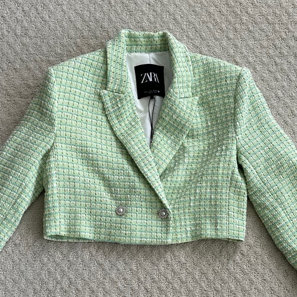 Zara Cropped Tweed Textured Jacket/Blazer Green Small NWT Office Academia Preppy - Picture 3 of 16